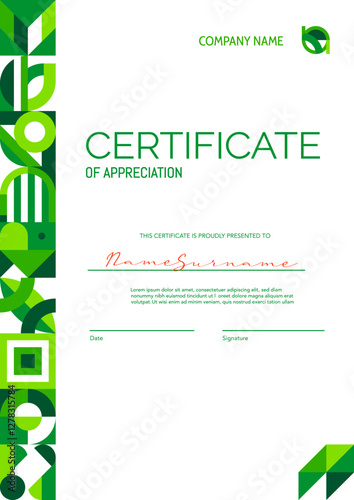 Environment ecology theme, certificate of appreciation template with green abstract modern geometric pattern border line. Vector diploma, award or gift certificate vertical template with eco mosaic