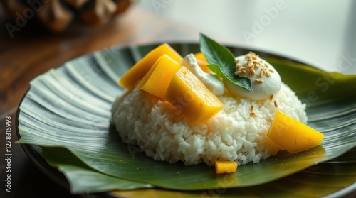 Mango Sticky Rice: A vibrant dessert featuring sweet rice, fresh mango, and creamy coconut topping.
