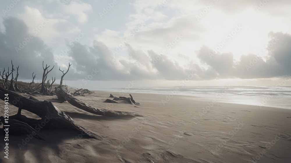 A beach with dramatic driftwood scattered across the sand A beach with dramatic driftwood scattered across the sand