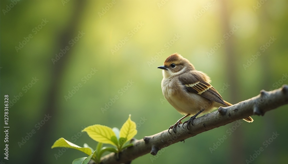 Photorealistic wildlife scene of a small bird perched on a branch with ruffled feathers in a light breeze Photorealistic wildlife scene of a small bird perched on a branch with ruffled feathers in a light breeze