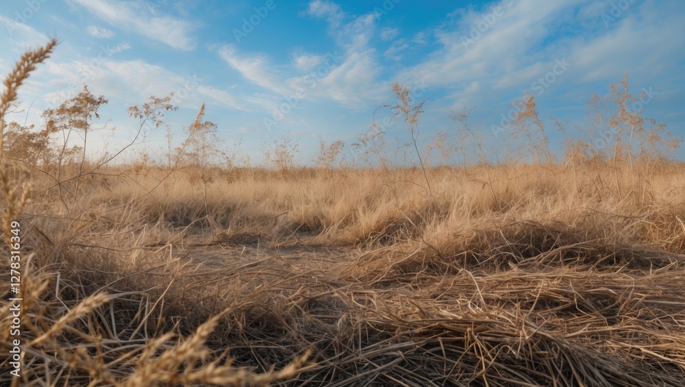 Fototapeta premium Dry grass landscape under a vast blue sky with wispy clouds creating a serene natural scene for outdoor and environmental themes.