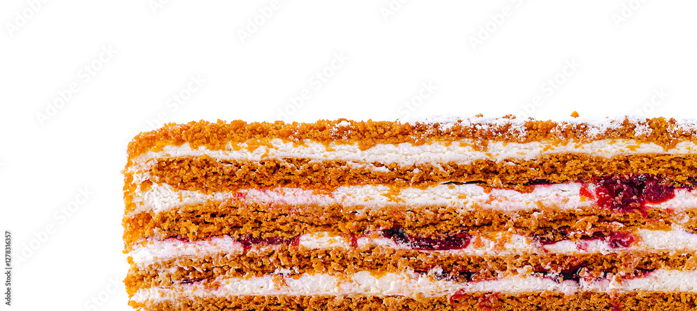 Fototapeta premium Layered cake with cream and berry filling on white