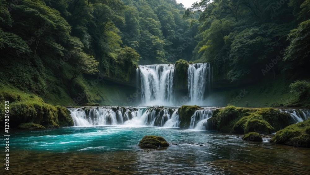 Naklejka premium Enchanting Waterfall Cascading Through Lush Green Forest Surrounded by Serenity and Natural Beauty