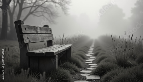 Moody black and white photography of an old wooden bench in a misty green meadow with subtle light