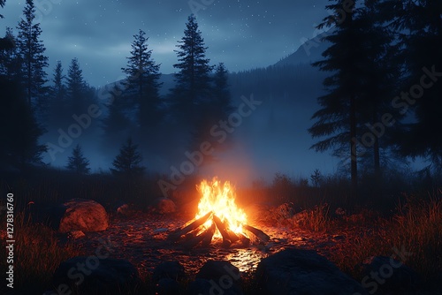 Night campfire, misty forest
