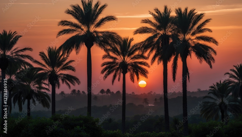 Obraz premium Sunset Landscape Featuring Silhouetted Palm Trees Against a Colorful Sky