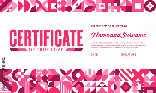 Horizontal certificate template of true love for Valentine day, vector geometric shapes. Certificate or Valentine day love diploma with abstract mosaic hearts and geometric shapes on pink background