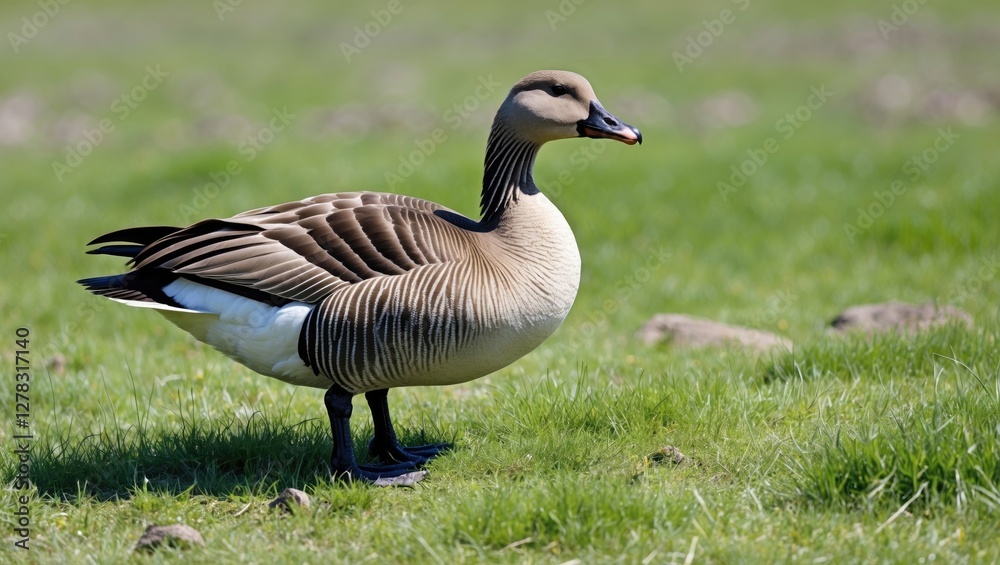 Elegant Goose Standing on Lush Green Grass with Blank Space for Text Usage in Advertisements or Promotions. Elegant Goose Standing on Lush Green Grass with Blank Space for Text Usage in Advertisements or Promotions.