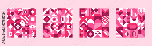 Pink geometric shapes for Valentine day tile background, vector patterns. Valentine day holiday pattern of abstract geometric hearts, flowers or kiss lips shapes and simple love or wedding elements