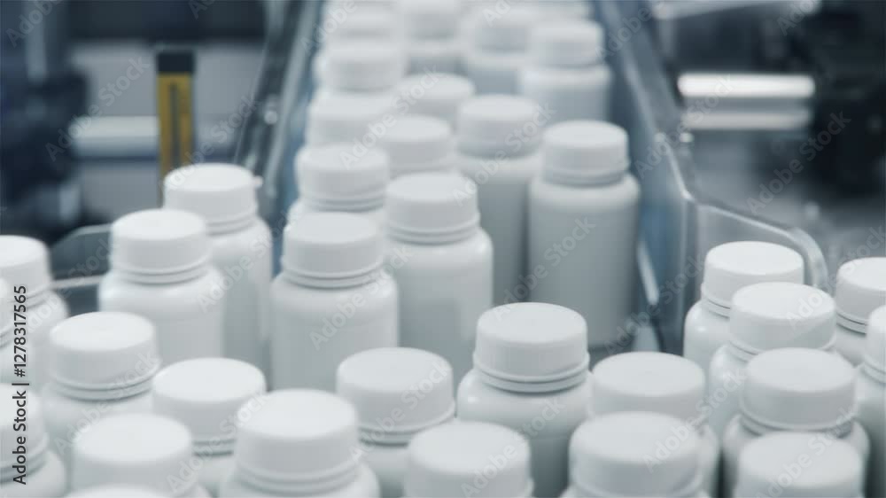 Close-up of Plastic Medicine Bottles with Pills on Conveyor at Pharmaceutical Production Plant. Medication Manufacturing Process at Pharmaceutical Drug Factory Close-up of Plastic Medicine Bottles with Pills on Conveyor at Pharmaceutical Production Plant. Medication Manufacturing Process at Pharmaceutical Drug Factory