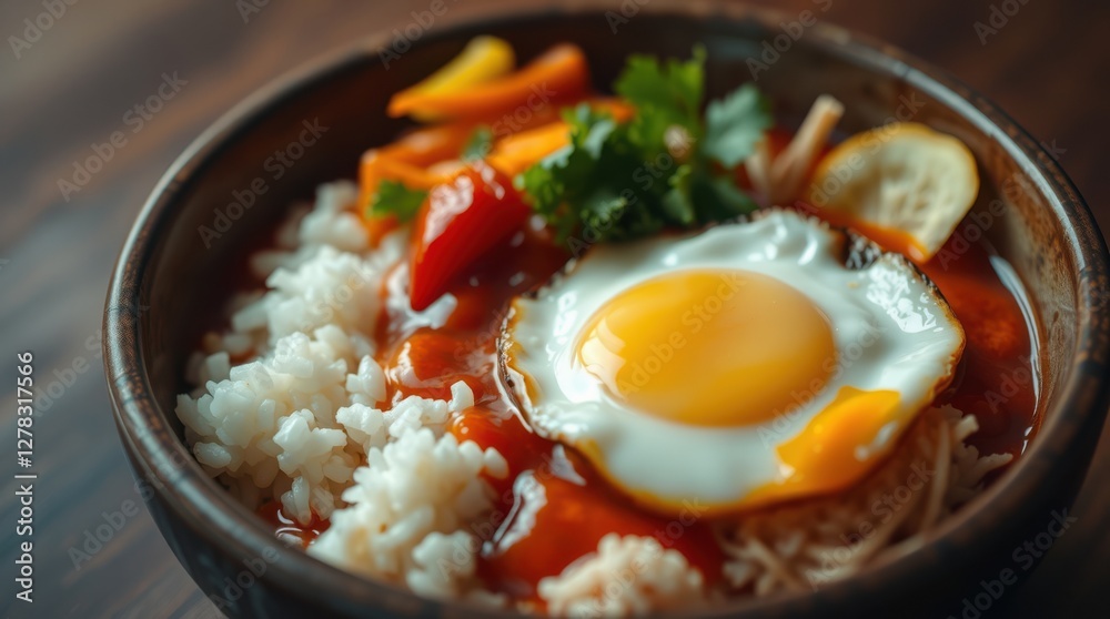 Delicious rice bowl with a fried egg, vegetables and flavorful sauce, promising a delightful culinary experience. Delicious rice bowl with a fried egg, vegetables and flavorful sauce, promising a delightful culinary experience.