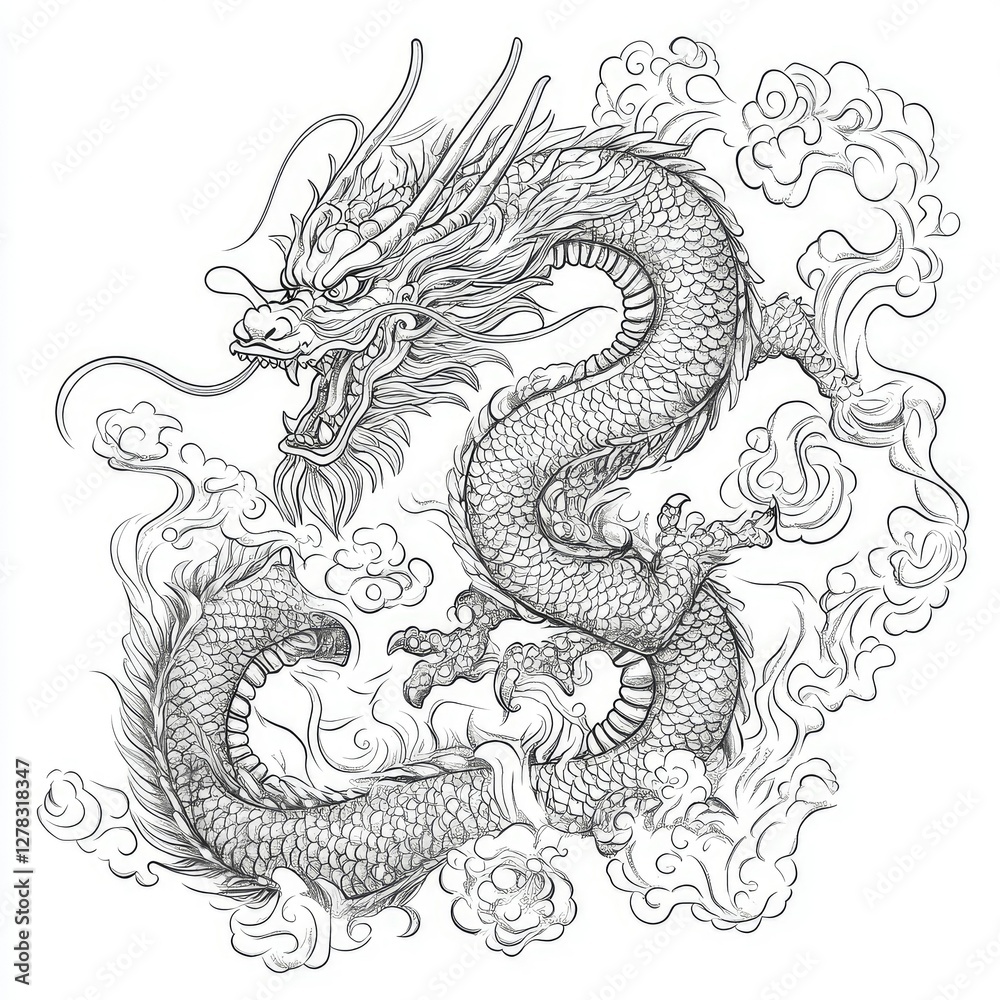 Majestic Asian Dragon in Clouds Intricate Line Art Drawing Majestic Asian Dragon in Clouds Intricate Line Art Drawing