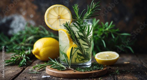 Refreshing Lemon and Rosemary Detox Drink with Fresh Herbs on Rustic Wooden Surface photo