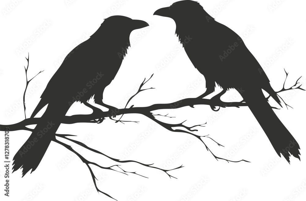 Obraz premium Silhouette of two ravens perched on a bare branch.