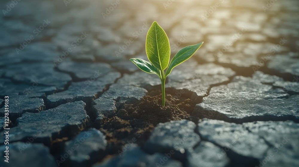 A small green plant emerging from cracked soil, symbolizing hope and resilience in harsh environments. A small green plant emerging from cracked soil, symbolizing hope and resilience in harsh environments.
