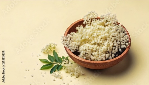 A wooden bowl with elderflower on a light yellow background