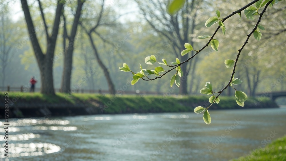 Naklejka premium Tree branches against the background of the Park Canal, with trees growing on the opposite bank and people walking, capturing the peaceful vibe of a spring day