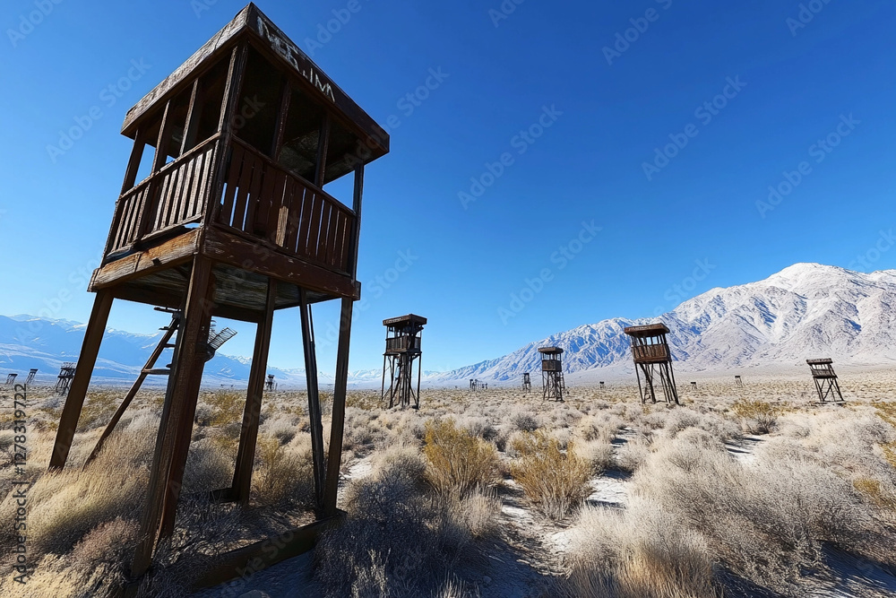 Fototapeta premium Surveillance towers overlook desolate countryside landscape under clear blue sky