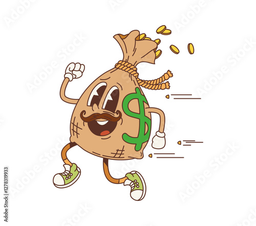 Western money bag groovy character, retro Wild West bank vector personage. Funny old canvas sack with mustache and gold coins running away from pursuit. Western money bag emoji dodging bullets