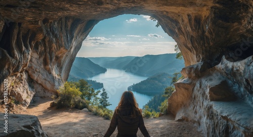 Admiring a Scenic River Valley View from Inside a Cave with Lush Greenery and Dramatic Landscape Backdrop photo