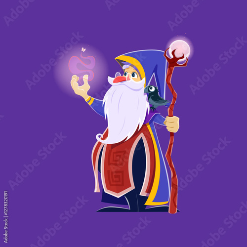 Halloween wizard character. Old magician with staff casting spell. Merlin or Dumbledore fairytale personage with long white beard, wear long robe, pointed hat and raven sitting on shoulder