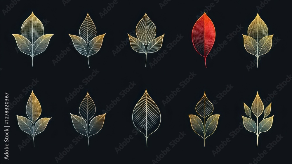 Obraz premium An array of artistic leaf designs in various colors and shapes, showcasing elegance and creativity against a dark background.