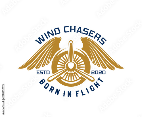 Airplane and aircraft icon or aviation badge for pilot or aviator, vector emblem. Airplane propeller with eagle bird wings, wind chasers born in flight quote for t shirt print, air or aviation academy