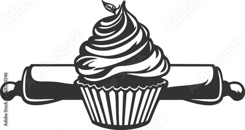Cupcake with rolling pin illustration in black and white.