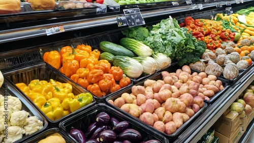 A colorful variety of fresh vegetables neatly arranged in the produce section of a grocery store