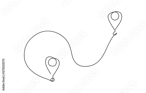 Continuous single line drawing of path and location pointers, Vector illustration of two geolocation icons and the distance between them.