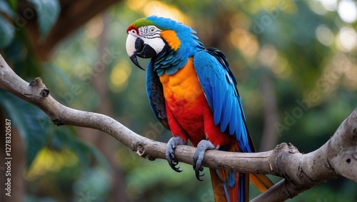 Vibrant Macaw Parrot Perched On A Branch Surrounded By Lush Green Foliage In A Natural Habitat Close Up Photography