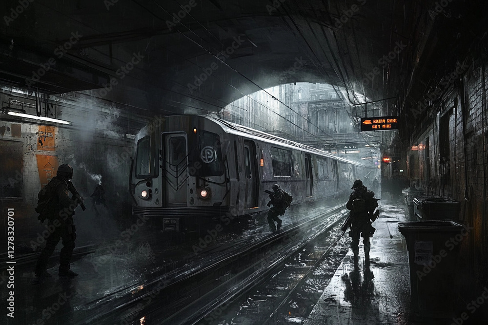 Naklejka premium Rebels launch surprise operation in darkened underground train system at night