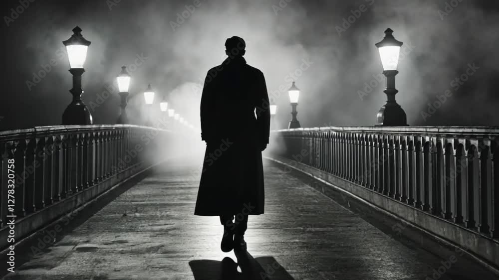 Mysterious noir stroll on foggy bridge with vintage streetlights and shadowy silhouette of a man in the long cloak. This image for use in cinematic, thriller or mystery book covers, film posters