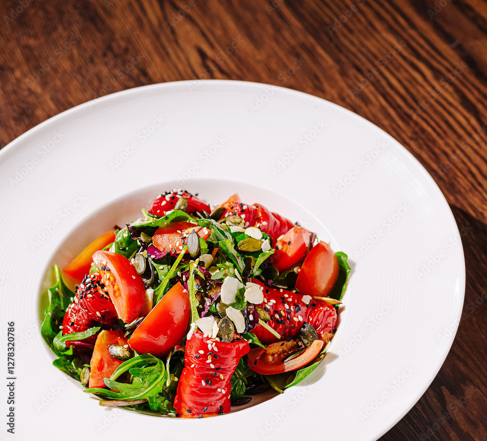 Colorful salad with vegetables and seeds on a wooden table Colorful salad with vegetables and seeds on a wooden table