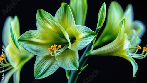 Elegant macro closeup of vibrant green and yellow Cybister Hippeastrum Amaryllis flowers isolated on a black background. photo