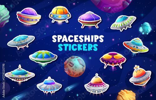Stickers pack of ufo flying saucers set against a space background. Vector cosmic patches with alien spaceships floating in galaxy with planets, stars and meteors. Adhesive fiction decals