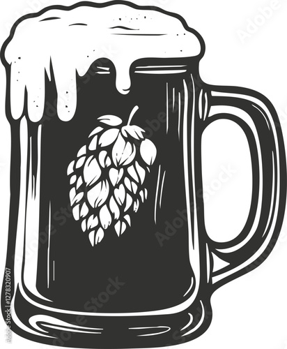Illustration of a beer mug with hops and frothy top.