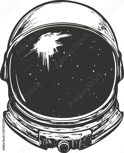 Vintage astronaut helmet illustration with starry cosmos reflection.