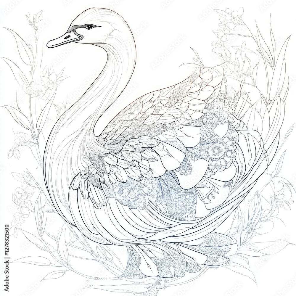 Ornate Swan in Floral Frame Line Art Design Ornate Swan in Floral Frame Line Art Design