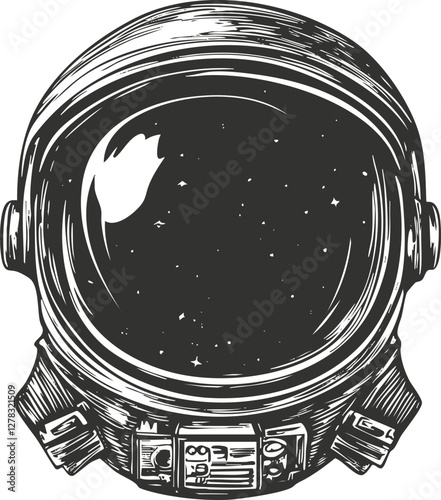 Vintage astronaut helmet illustration with starry cosmos reflection.