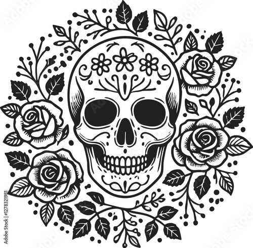 Intricate sugar skull with floral designs, symbolizing Day of the Dead celebration.
