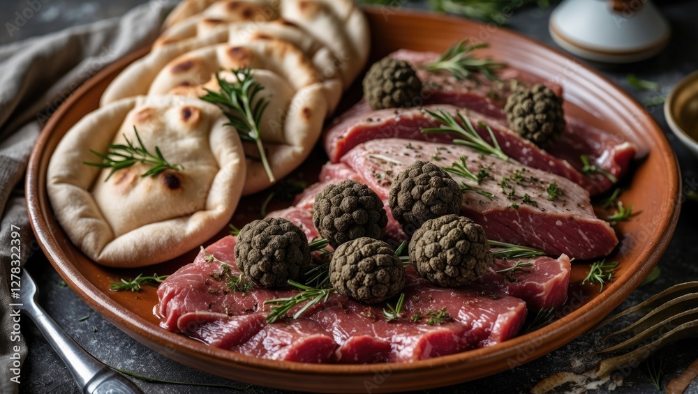 Obraz premium Gourmet Meat Platter with Truffles and Pita Bread Served on Clay Plate Garnished with Fresh Herbs and Rustic Setting