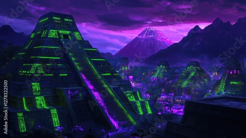 Fototapeta Naklejka Na Ścianę i Meble -  Glowing Mayan pyramid city, volcano sunset, jungle background, fantasy game art