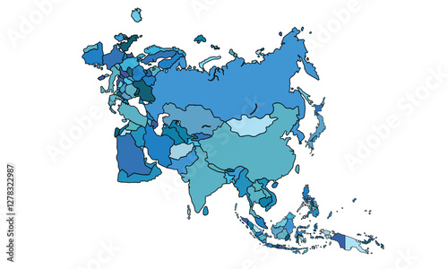 Regions of Asia. Political map with single countries. Colored subregions of the Asian continent. Central, East, North, South, Southeast and Western Asia. Illustration. Vector.