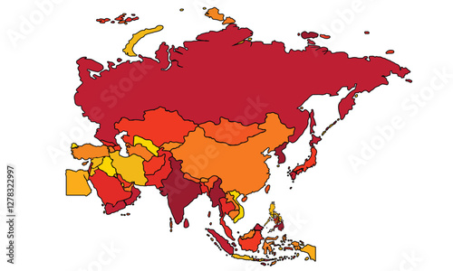Regions of Asia. Political map with single countries. Colored subregions of the Asian continent. Central, East, North, South, Southeast and Western Asia. Illustration. Vector.