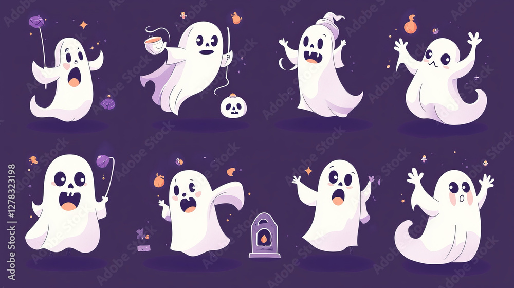 Set of cute Halloween ghosts isolated on background. Comic boo character scared, trick-or-treating, playing with skull near grave, cooking magic potion. Vector illustration with doodle design elements Set of cute Halloween ghosts isolated on background. Comic boo character scared, trick-or-treating, playing with skull near grave, cooking magic potion. Vector illustration with doodle design elements