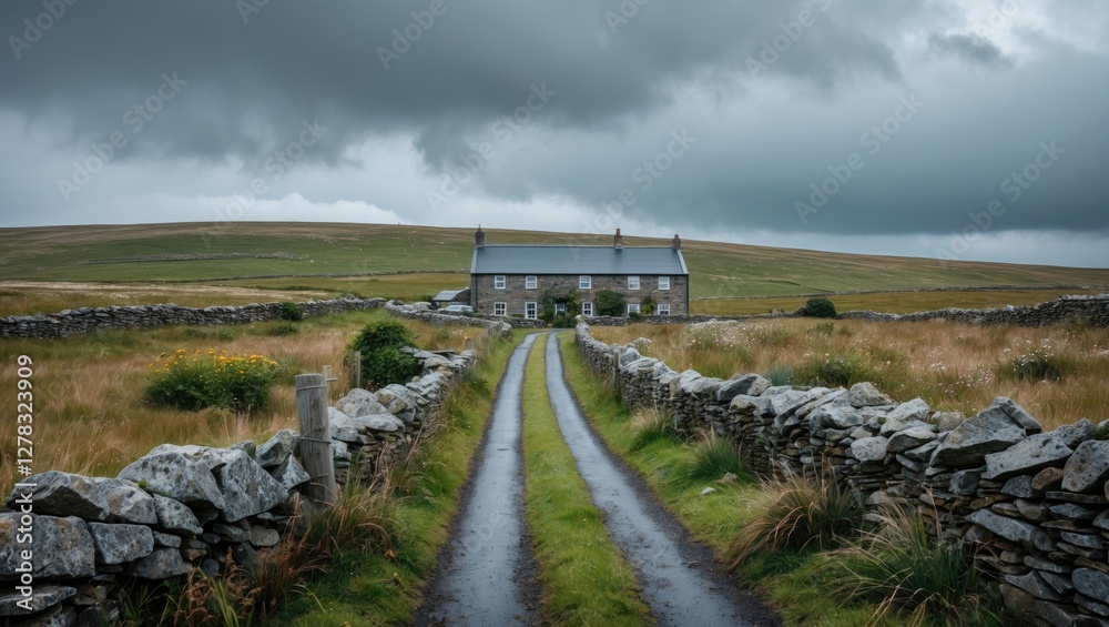 Fototapeta premium Moorland Road Leading to Farmhouse Surrounded by Stone Walls, Wild Flora, and Dramatic Rain Clouds in the Background