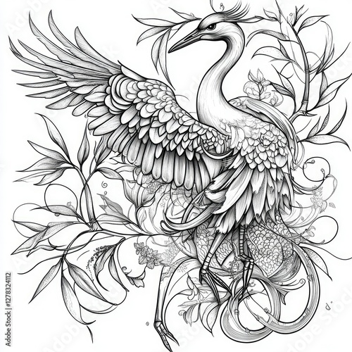 Elegant Crane in Ornate Floral Frame Intricate Line Art Drawing
