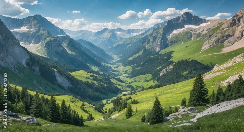 Majestic Mountain Range with Lush Green Valley Under Clear Blue Sky in Summer Landscape Majestic Mountain Range with Lush Green Valley Under Clear Blue Sky in Summer Landscape