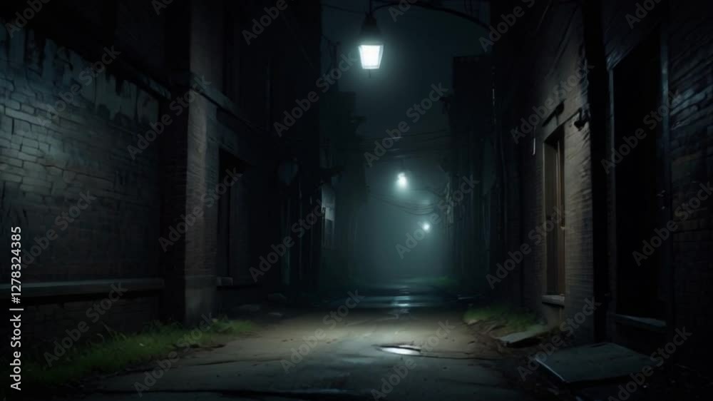 Dark and Mysterious Alleyway Illuminated by Soft Streetlight Dark and Mysterious Alleyway Illuminated by Soft Streetlight